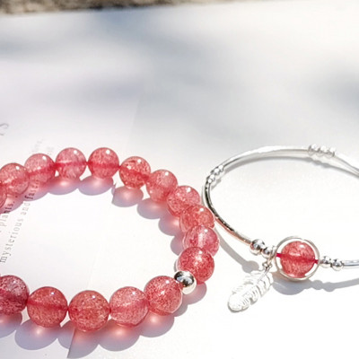 Vòng đôi đá thạch anh dâu phối charm lá bạc mệnh hỏa, thổ - Ngọc Quý Gemstones