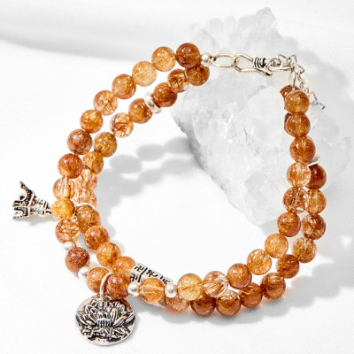 Vòng tay đôi thạch anh tóc đỏ phối hoa sen Ngọc Quý Gemstones