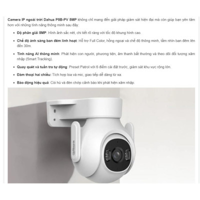 Camera IP PT hồng ngoại không dây 5.0 Megapixel DAHUA DH-P5B-PV - Hàng chính hãng