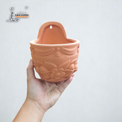 Chậu Ốp Tường Đất Nung Tròn Dáng Trứng Hoa | Trang Trí Ban Công Treo Tường | Wall Decor | 14 ×17cm