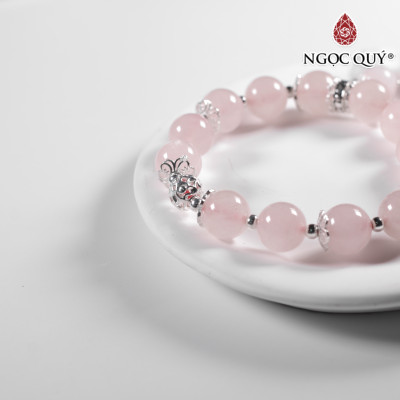 Vòng tay đá thạch anh hồng mix charm bạc hạt 10mm mệnh hỏa, thổ - Ngọc Quý Gemstones