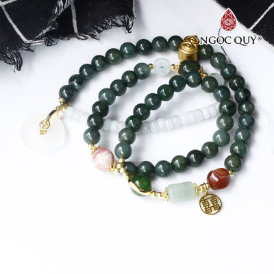 Vòng cẩm thạch 3 line phối charm bạc mạ vàng mệnh hỏa, mộc - Ngọc Quý Gemstones