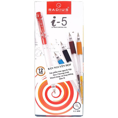 Hộp 12 Bút Bi Bấm I-5 0.5 mm - Radius - Mực Xanh