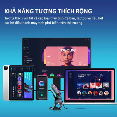 Micro USB Mic Thu Âm Condenser Podcast, Livestream, Radio, ASMR Microphone Phòng Thu Studio PC Microphone Chuyên Nghiệp Thu Âm Rõ Nét Chống Ồn Độ Nhậy Cao LED MÀU HỒNG - Hàng Chính Hãng