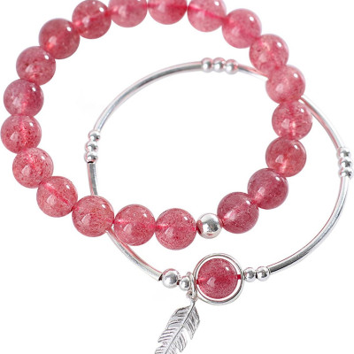 Vòng đôi đá thạch anh dâu phối charm lá bạc mệnh hỏa, thổ - Ngọc Quý Gemstones