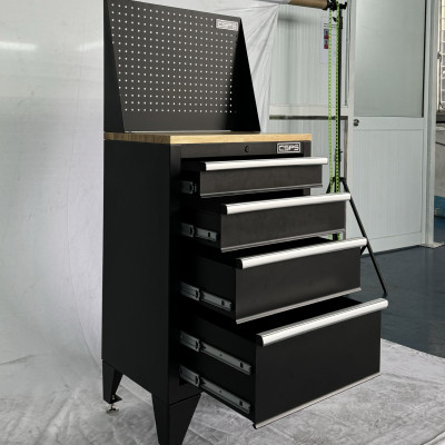 Tủ dụng cụ CSPS 61cm - 04 hộc kéo màu đen chân tủ ván gỗ vách lưới (tay cầm trắng)