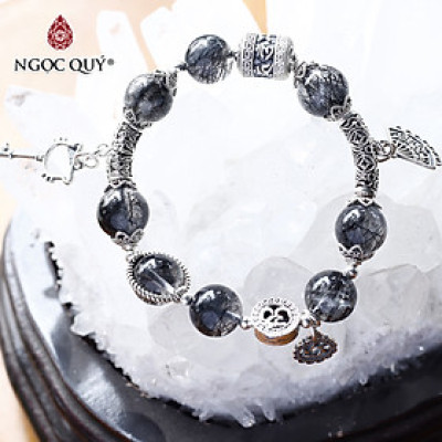  Vòng tay đa thạch anh tóc đen phối khóa hello kitty 11mm mệnh thủy, mộc - Ngọc Quý Gemstones