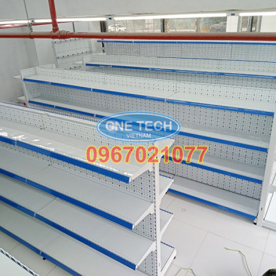 Kệ siêu thị đôi tôn đục lỗ C1500 x D900 x R750 x 4 tầng