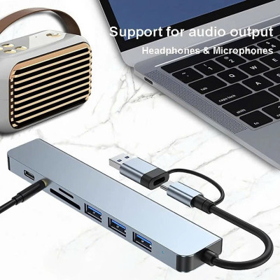 Bộ Chuyển Đổi Hub USB C Hub 8 Trong 1 Type C 3.1 Sang USB 3.0/ Type C/ Đọc Thẻ SD / TF Cho MacBook Notebook Laptop Máy Tính - Hàng Nhập Khẩu