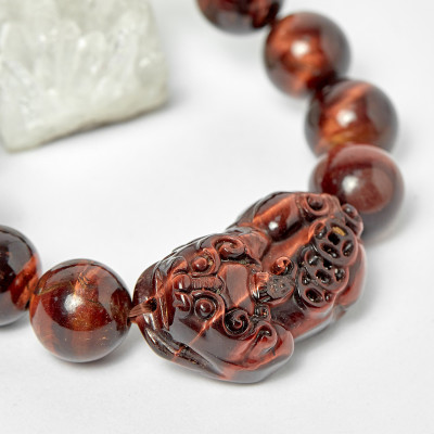 Vòng thạch anh mắt hổ nâu đỏ phối tỳ hưu hạt 14mm mệnh hỏa, thổ - Ngọc Quý Gemstones