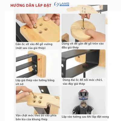 Giá treo nón bảo hiểm, áo khoác, chìa khóa chât liệu gỗ + thép không gỉ GTN24