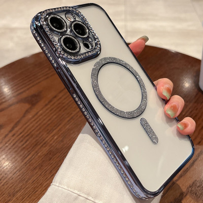 Ốp lưng cho iphone 15 pro max sạc từ tính đính đá vòng kim tuyến rất đẹp - hàng chính hãng 