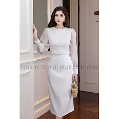 Set áo váy voan trắng bút chì NGADO , set áo kèm váy , set áo váy Nữ