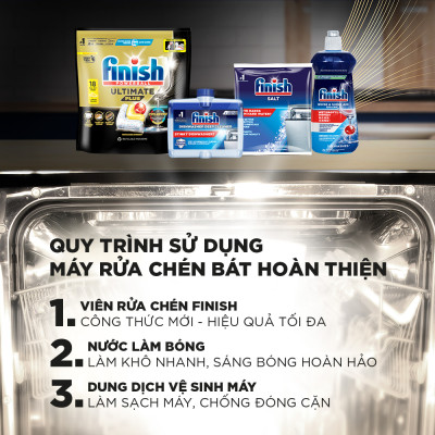 Combo 3 Viên rửa chén Finish Ultimate 18 viên + Nước làm bóng 500ml + Muối rửa chén 1kg