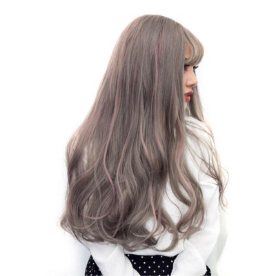 Tóc giả cao cấp xám light hồng, tóc chịu nhiệt- tặng lưới chùm
