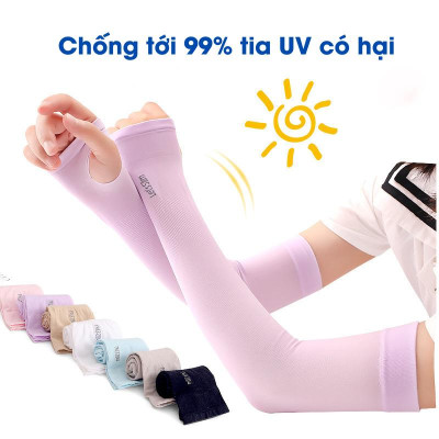 Găng Tay Dài Bằng Vải Lụa Lạnh Chống Tia Cực Tím Cho Nam Và Nữ - Xỏ Ngón Nam Nữ Vải Dày Dặn Co Giãn Giao Màu Ngẫu Nhiên