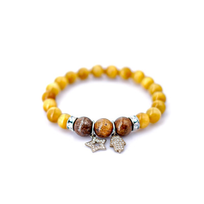 Vòng tay phong thủy Mắt hổ vàng  8mm + 3 Tóc nâu VIP