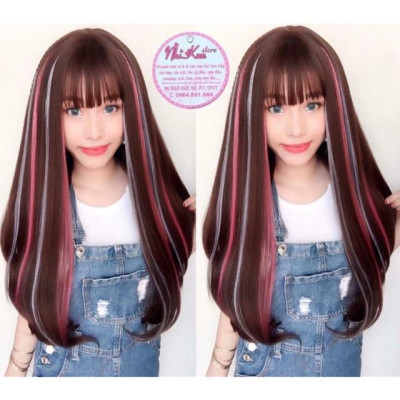 Tóc giả moc line xanh hoặc bạch kim và hồng phấn cao cấp- tặng lưới chùm tóc