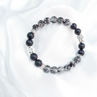 Vòng tay mệnh thủy, kim đá thạch anh tóc đen mix nham thạch+ charm mặt phật LAT.98