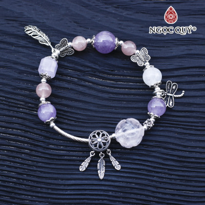 vòng thạch anh hồng phối thạch anh tím ngọc charm bạc - Ngọc Quý Gemstones