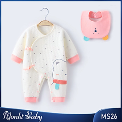 Body sơ sinh trần bông mềm, áo liền quần cho bé từ 2kg, kèm khăn yếm cổ, cotton 100% dày, giữ ấm tốt, có ảnh thật | MS26