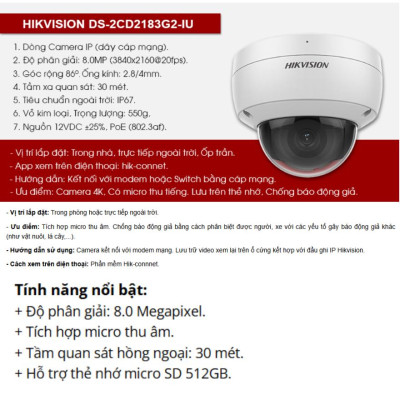 Camera IP HIKVISION DS-2CD2183G2-IU 8MP  30m, Tích hợp Mic, phát hiện người và phương tiện, Phát hiện khuôn mặt ,.-Hàng chính hãng