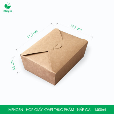 MFHG3N -100 hộp giấy kraft thực phẩm 1400ml, hộp giấy nắp gập màu nâu đựng thức ăn, hộp giấy nắp gài gói đồ ăn mang đi 