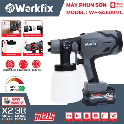 Máy phun sơn pin WORKFIX WF-SG800M, Bình 800ml - 650ml/phút, 2 Kiểu phun - Bảo hành 12 tháng