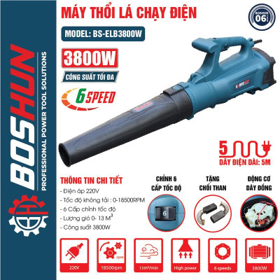 Máy Thổi Lá Cầm Tay Dùng Điện 220V Boshun - BS-ELB3800W - Công Suất Lớn, 6 Cấp Tốc Độ, Cấp Gió  - Bảo Hành Chính Hãg 6 Tháng