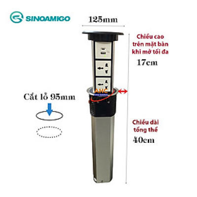 Ổ điện âm bàn đảo bếp hình trụ Sinoamigo SMT-4, nâng hạ tự động, tích hợp sạc không dây - Hàng nhập khẩu chính hãng