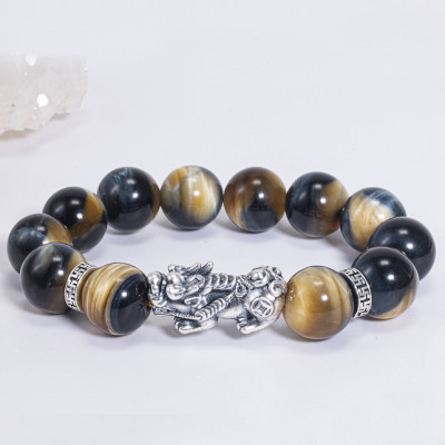 Vòng Tay Phong Thủy Nam Đá Mắt Chim Ưng Phối Charm Tỳ Hưu Bạc (14mm) Mệnh Thủy, Mộc Ngọc Quý Gemstones