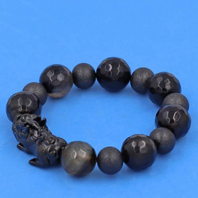 Vòng tay Tỳ Hưu inox Charm Thạch Anh Đen Nâu Cắt Gíac 16 ly phối 6 bi - hợp mệnh Mộc, mệnh Thủy - Vòng size XXL