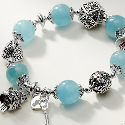 Vòng tay đá aquamarine phối charm mèo bạc size hạt 12mm mệnh thủy, mộc - Ngọc Quý Gemstones