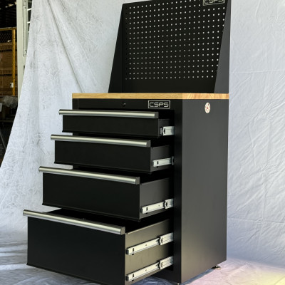 Tủ dụng cụ CSPS 61cm - 04 hộc kéo màu đen chân tăng chỉnh ván gỗ vách lưới (tay cầm trắng)
