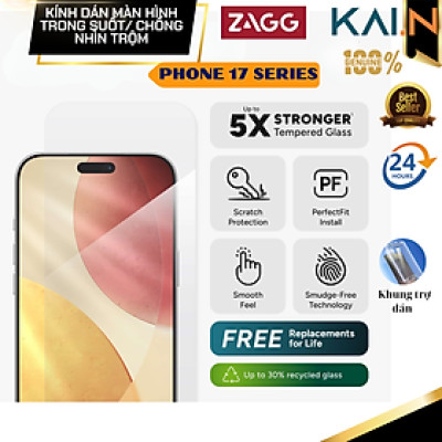 [ Dành Cho iPhone 17 Series] Kính cường lực ZAGG trong suốt, chống nhìn trộm, chống ánh sáng xanh XTR, kèm khung trợ dán_ Hàng chính hãng