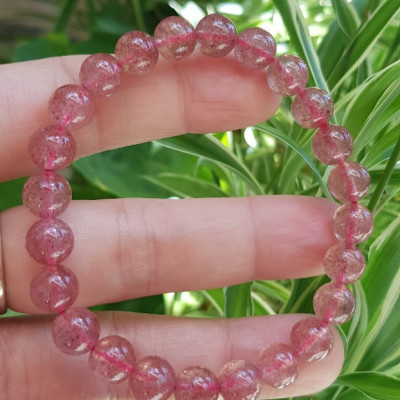 Vòng tay phong thủy đá THẠCH ANH DÂU HỒNG size hạt 8mm tự nhiên NỮ mệnh HOẢ mệnh THỔ may mắn tốt sức khỏe công việc ạ