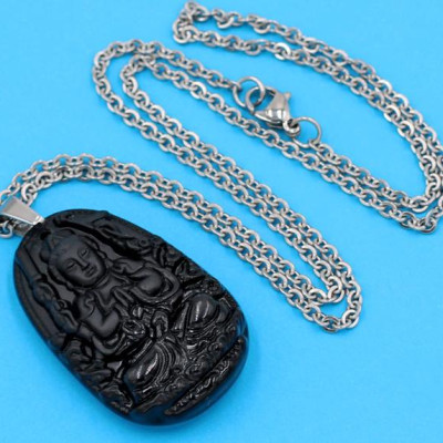 Vòng cổ phật Thiên Thủ Thiên Nhãn - thạch anh đen 3.6cm DITTEB8 - dây inox bạc - kèm hộp nhung - tuổi Tý