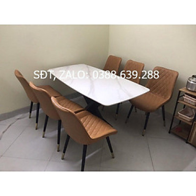 Bộ bàn ăn chân X 1m6 + 6 ghế Loft Trám mặt đá ceramic bóng  Thương hiệu Nội Thất Bình Long 
