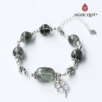 Vòng tay hạt hình lu thống đá thạch anh tóc phối charm bạc cỏ 4 lá - Ngọc Quý Gemstones