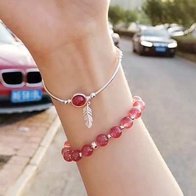 Vòng đôi đá thạch anh dâu phối charm lá bạc mệnh hỏa, thổ - Ngọc Quý Gemstones