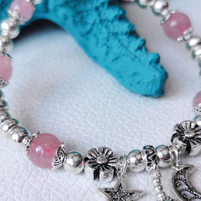 Vòng tay đá thạch anh hồng phối charm trăng sao mệnh hỏa, thổ - Ngọc Quý Gemstones