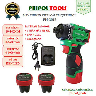 Combo Máy chuyên vít 21 cấp trượt dùng pin PHIPOL TOOLS PH3012 có chỉnh tốc, kèm 2 pin và sạc - Hàng Chính Hãng