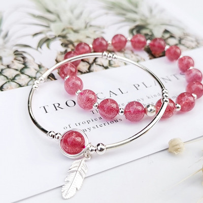 Vòng đôi đá thạch anh dâu phối charm lá bạc mệnh hỏa, thổ - Ngọc Quý Gemstones