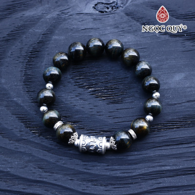 Vòng thạch anh mắt hổ xanh đen phối charm lục tự bạc mệnh thủy, mộc - Ngọc Quý Gemstones