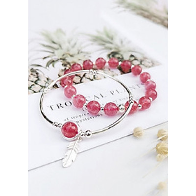 Vòng đôi đá thạch anh dâu phối charm lá bạc mệnh hỏa, thổ - Ngọc Quý Gemstones