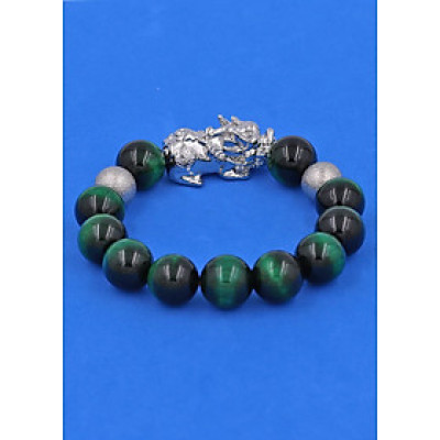 Vòng tay đá Mắt Hổ Xanh Lá 14 ly size lớn mix Tỳ Hưu inox trắng VMHXLTHHBT14 - hợp mệnh Hỏa, mệnh Mộc