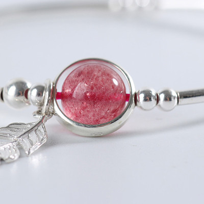 Vòng đôi đá thạch anh dâu phối charm lá bạc mệnh hỏa, thổ - Ngọc Quý Gemstones