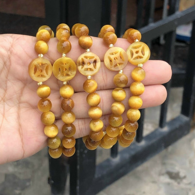 Vòng tay, lắc tay mix đồng tiền phong thủy đá mắt hổ vàng