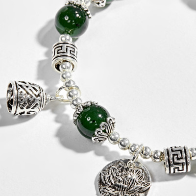 Vòng tay ngọc bích phối charm hoa sen (10mm) Ngọc Quý Gemstones