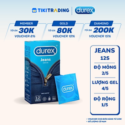 [MỚI] Bao cao su Durex Jeans cơ bản, bôi trơn, size 52.5mm, hộp 12 bao